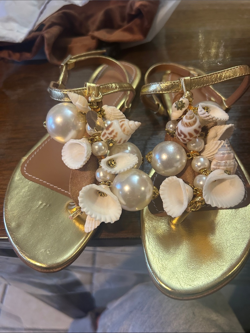 Gold Shell & Pearl Embellished Women's Sandals